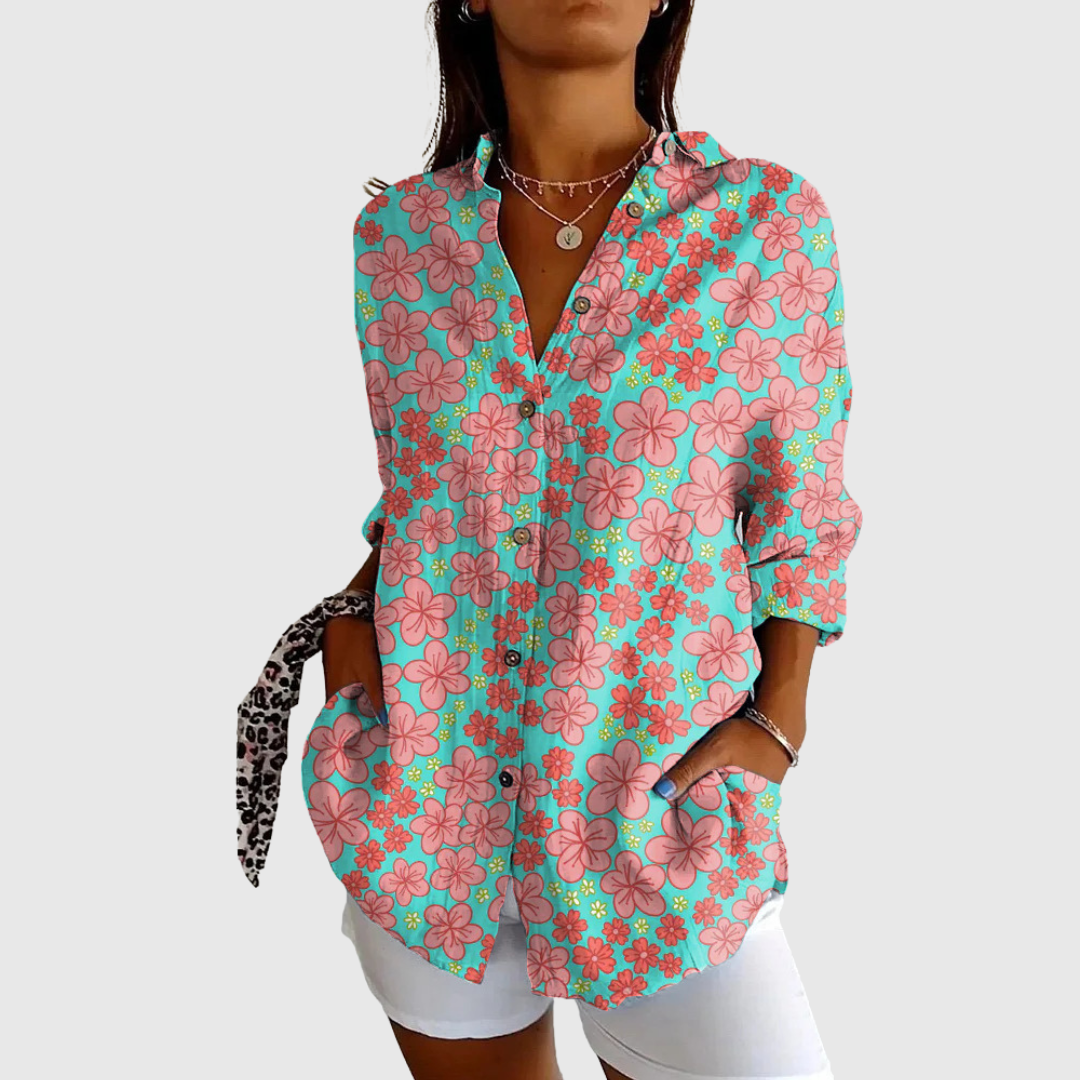Tilda | Türkise Bluse mit Hibiskusblüten