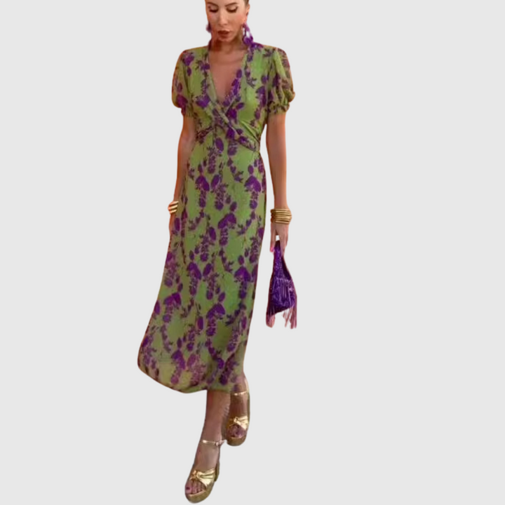 Sara | Maxikleid in Wickeloptik mit Natur-Print